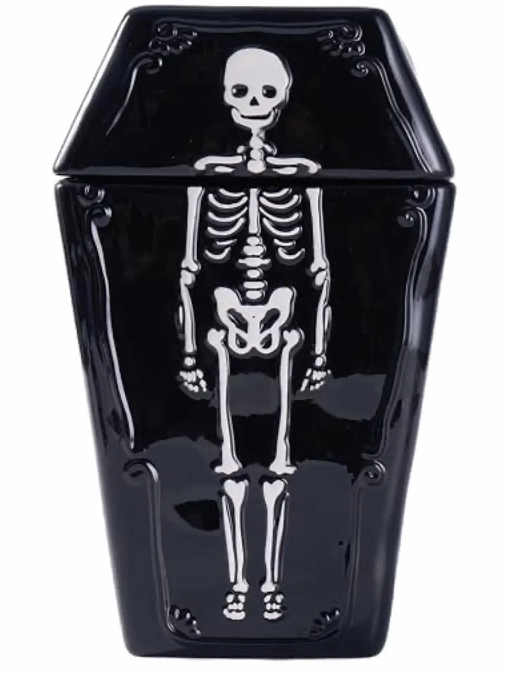 Black Coffin Ceramic Jar with White Skeleton Motif